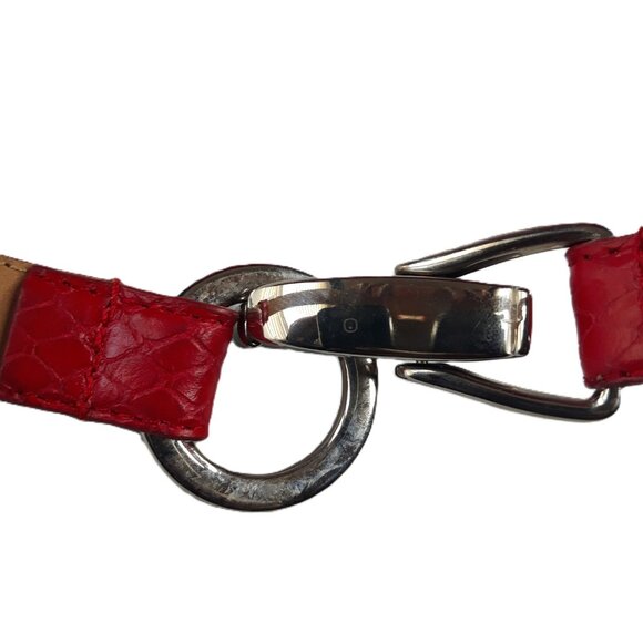 Red Calfskin Leather Snake Print Hook & Loop Adjustable Belt S Boho Office - Picture 3 of 4